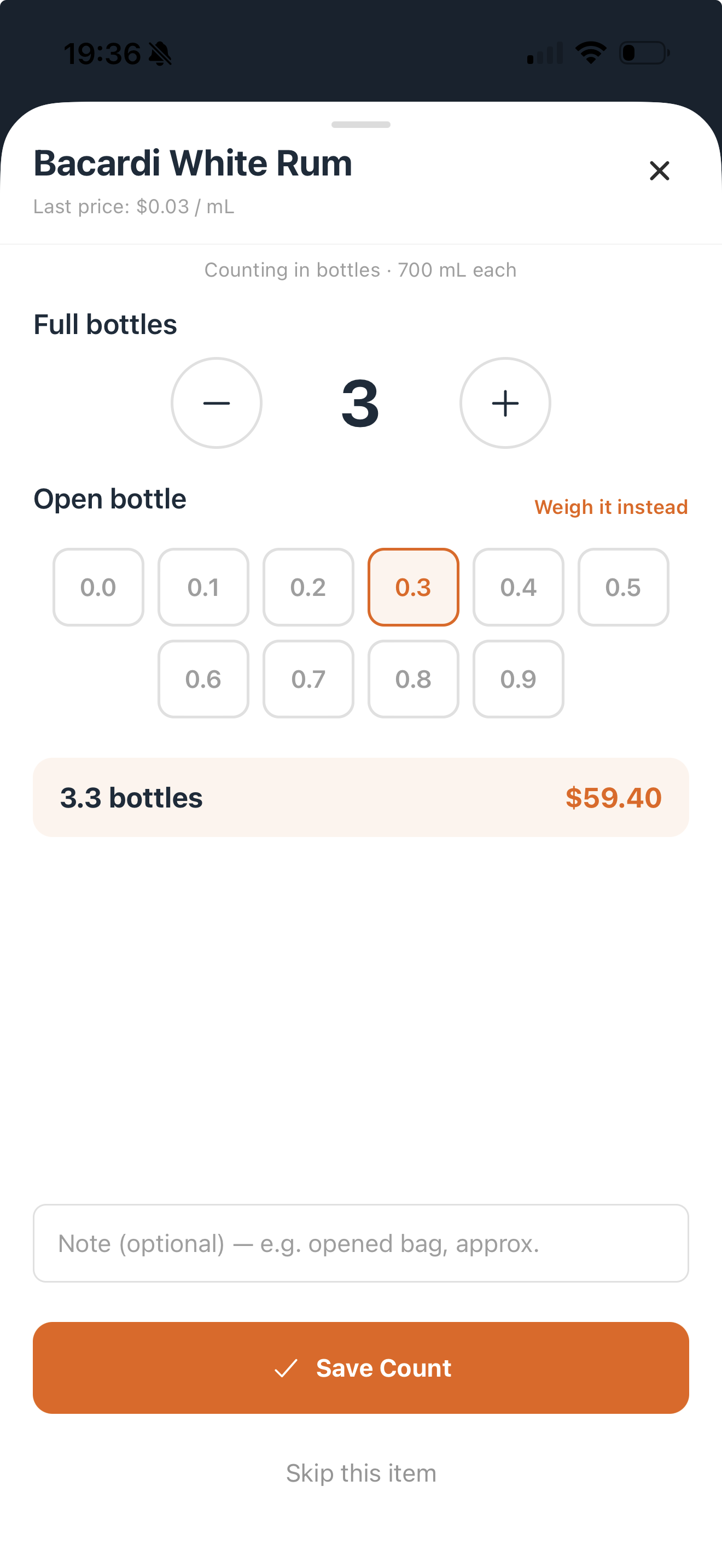Bacardi White Rum stock count with full bottles, open bottle fractions, and save count button