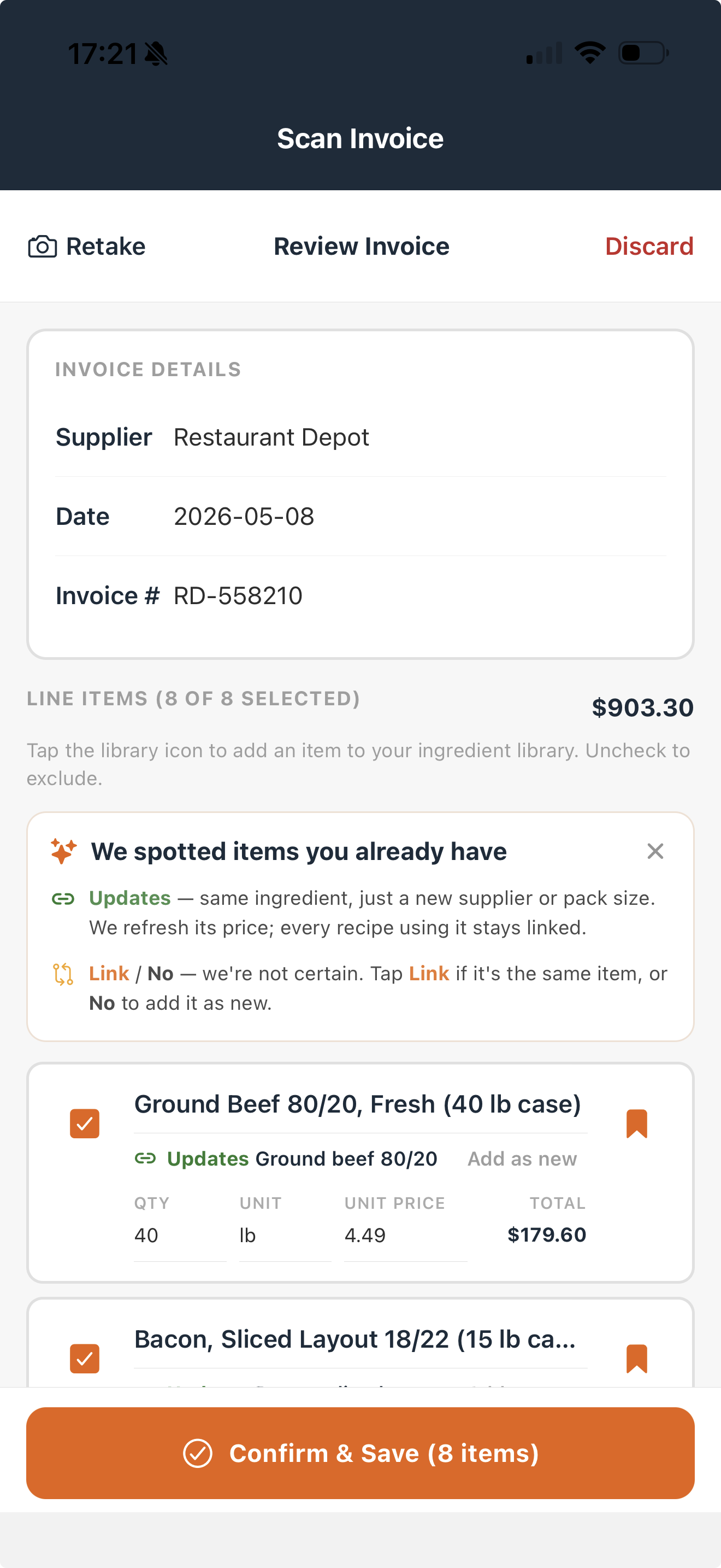 Restaurant Depot invoice review with invoice details, matched line items, and confirm save button