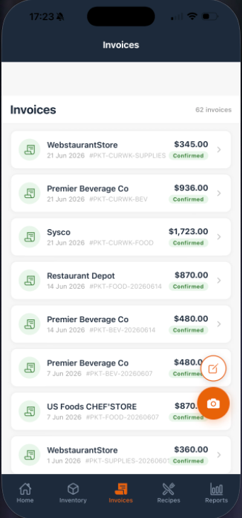 StockChecker invoice list with confirmed supplier invoices