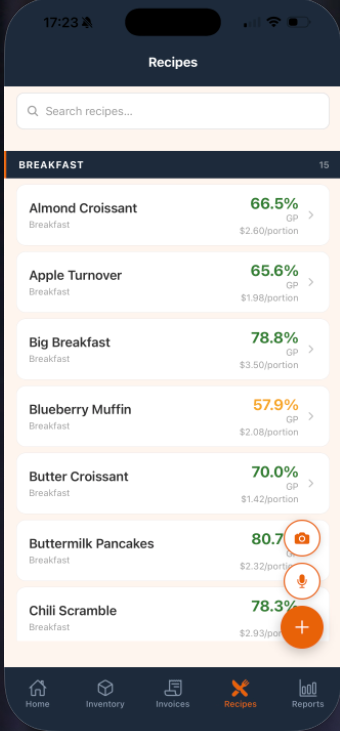 StockChecker recipes list showing gross profit percentages and cost per portion
